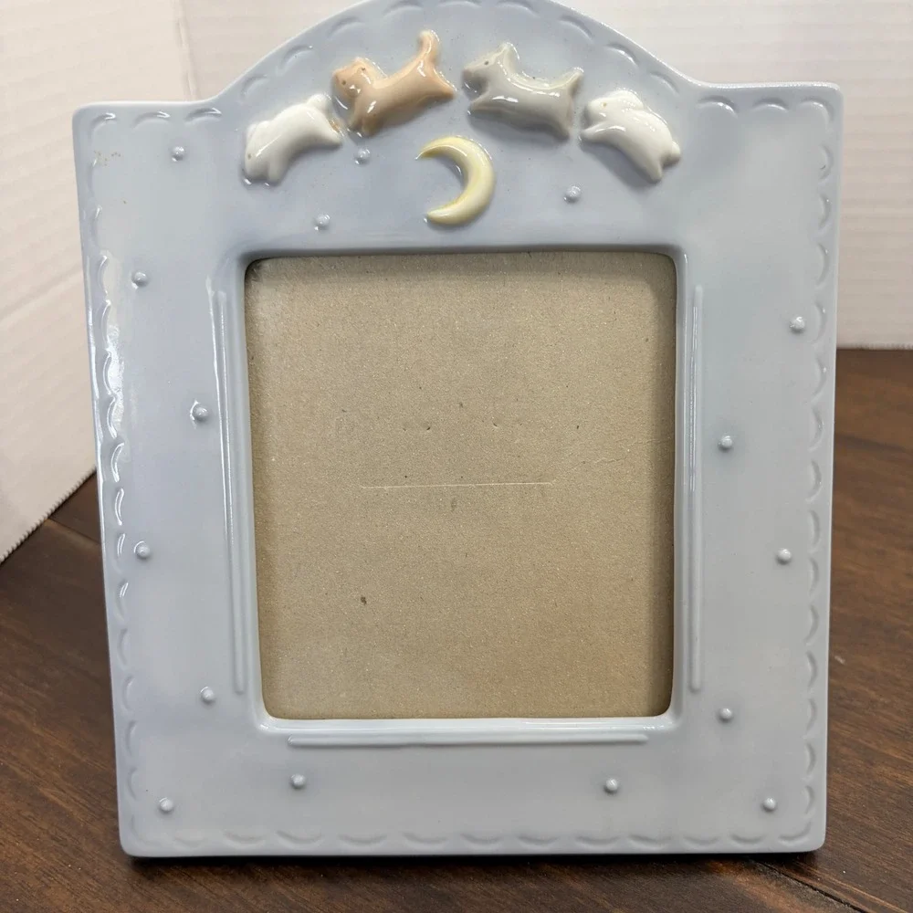 Charpente Ceramic  Baby Nursery Pic Frame Blue Animals Moon Cat Dog Rabbit 6.5in